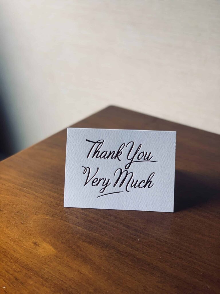 Wedding thank you card on a table