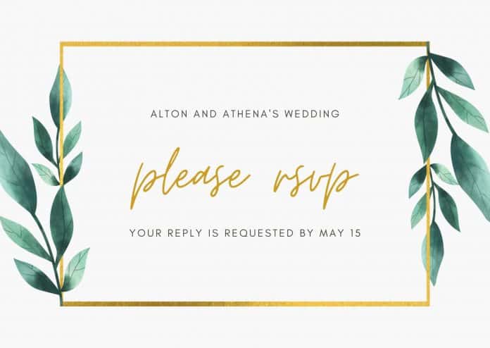 Green and Gold Box Border Geometric Floral Wedding RSVP Postcard