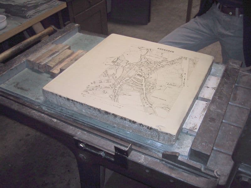 Litography press with map of Moosburg