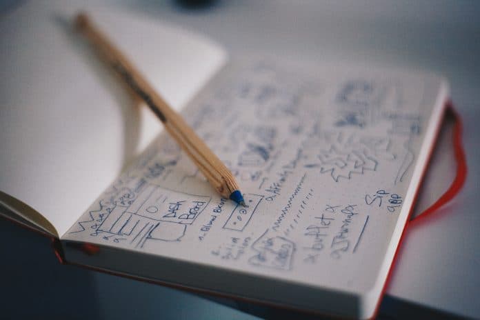 Notebook with sketches of a website layout