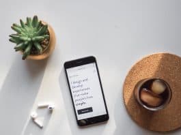 A phone, drink, and plant on a white background