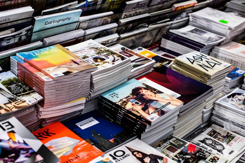 Stacks of catalogs and magazines