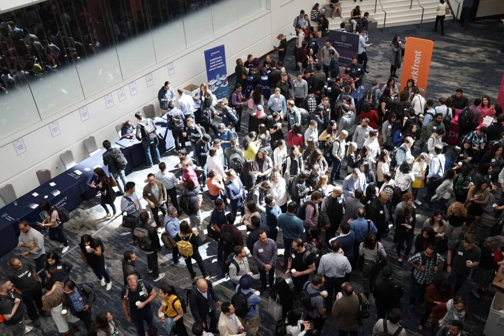 Crowd of people in building lobby