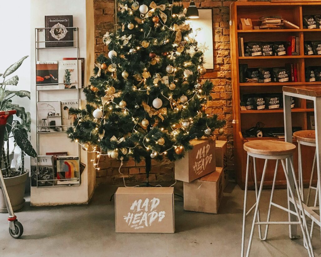 Christmas tree with custom printed packaging underneath